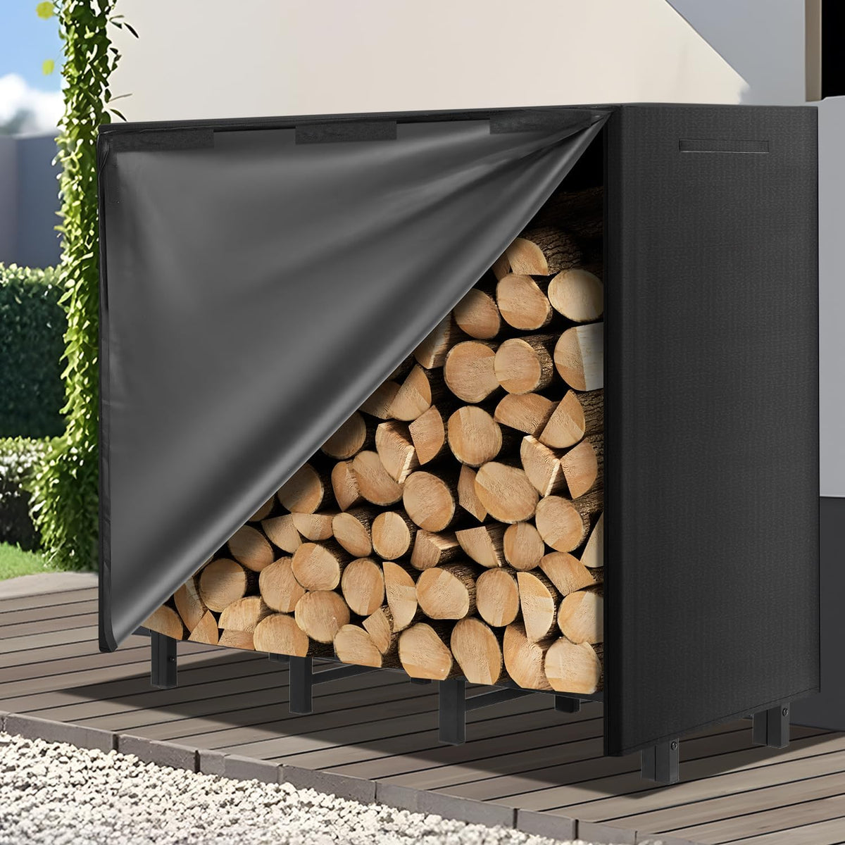 4FT Firewood Rack Outdoor with Cover, Heavy Duty Adjustable Firewood log Storage & Holder, Wood Pile Lumber Storage Rack Stacking Outside for Courtyard Patio.
