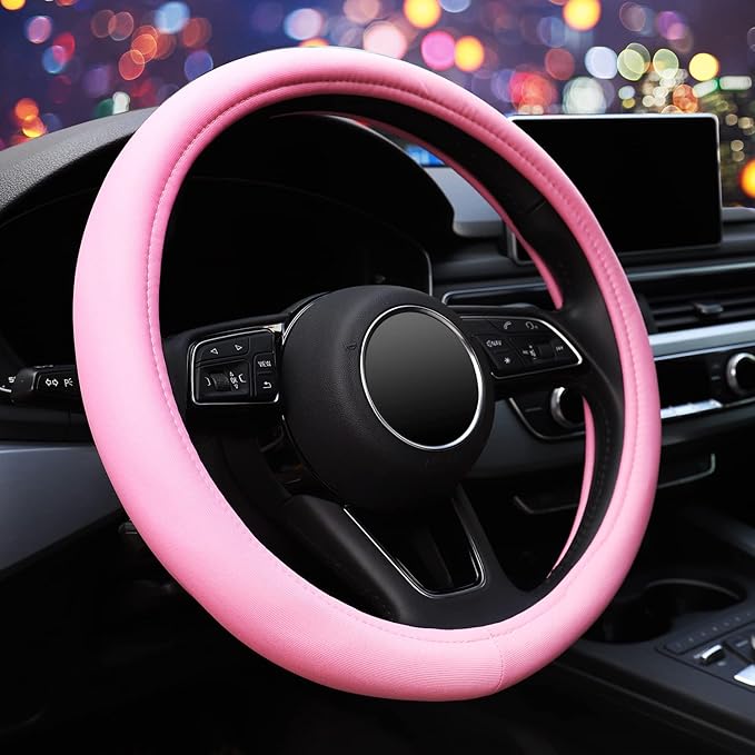 ZHOL Pink Steering Wheel Cover, Universal 15 inch Microfiber Breathable Ice Silk Anti-Slip Car Wheel Protector, Warm in Winter Cool in Summer