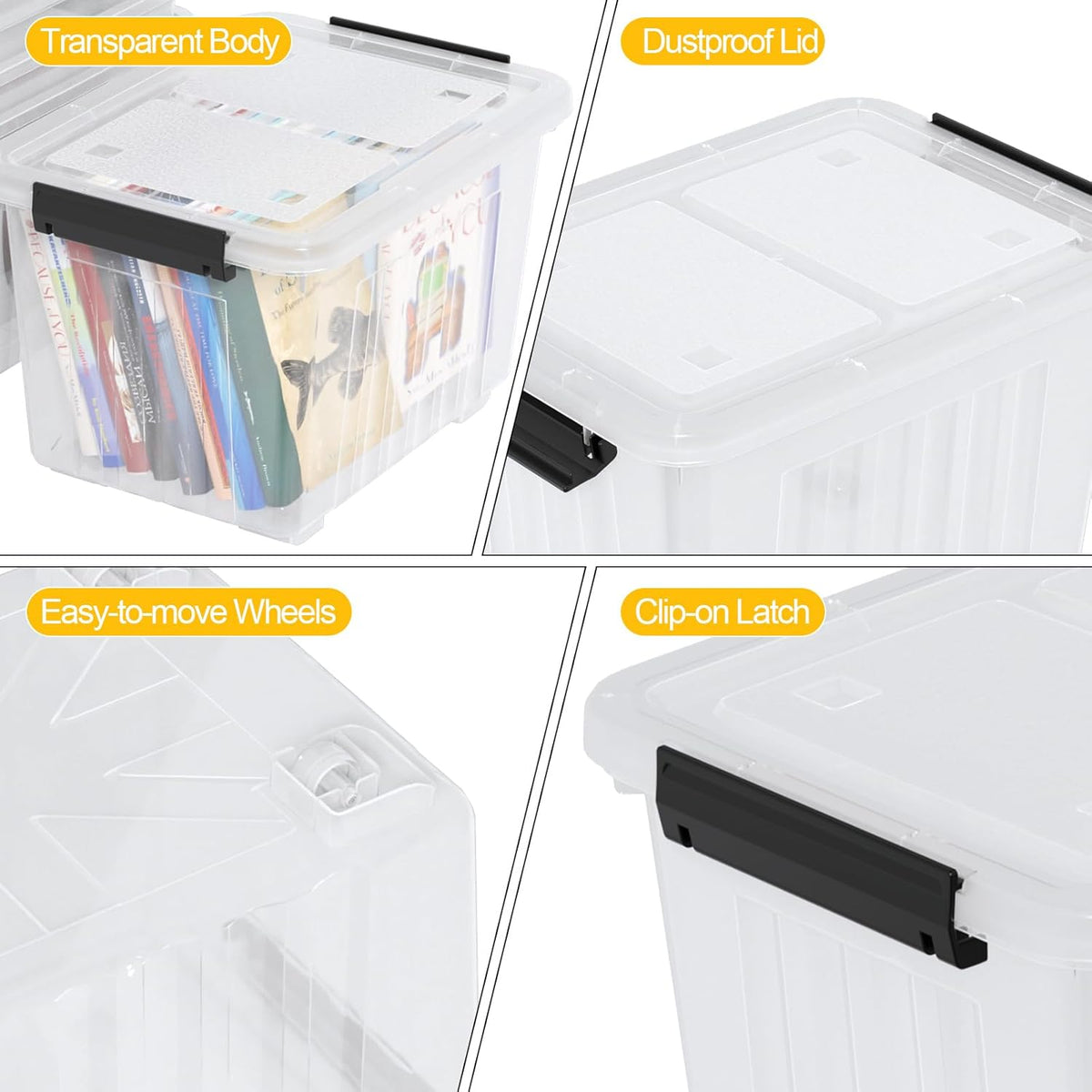Obstnny 50 L Clear Plastic Storage Bins with Wheels, Large Lidded Organizer Boxes, 4 Pack