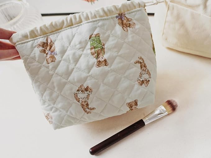 HAPPYHEIDI Quilted Cotton Drawstring Makeup Bag Set 2 Size w Compartment Cosmetic Toiletry Travel Pouch,Purse Organizer,Brown Teddy Bears