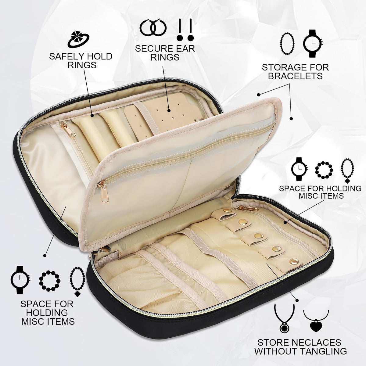 emissary Jewelry Organizer Case Travel Jewelry Storage Bag for Necklace, Earrings, Rings, Bracelet, Jewelry Storage, Earring Storage, Necklace Storage, Pouch Bag Luggage Accessories for Travel (Black)