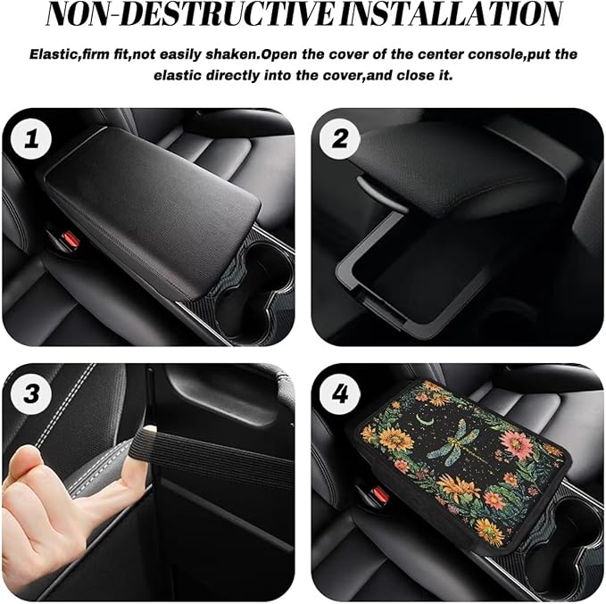 BIGCARJOB Art Dragonfly Print Armrest Pad with Pocket Universal Car Armrest Cover Center Console Pads Flower Dragonfly Print Car Armrest Storage Box Car Interior Accessories for Most Vehicles
