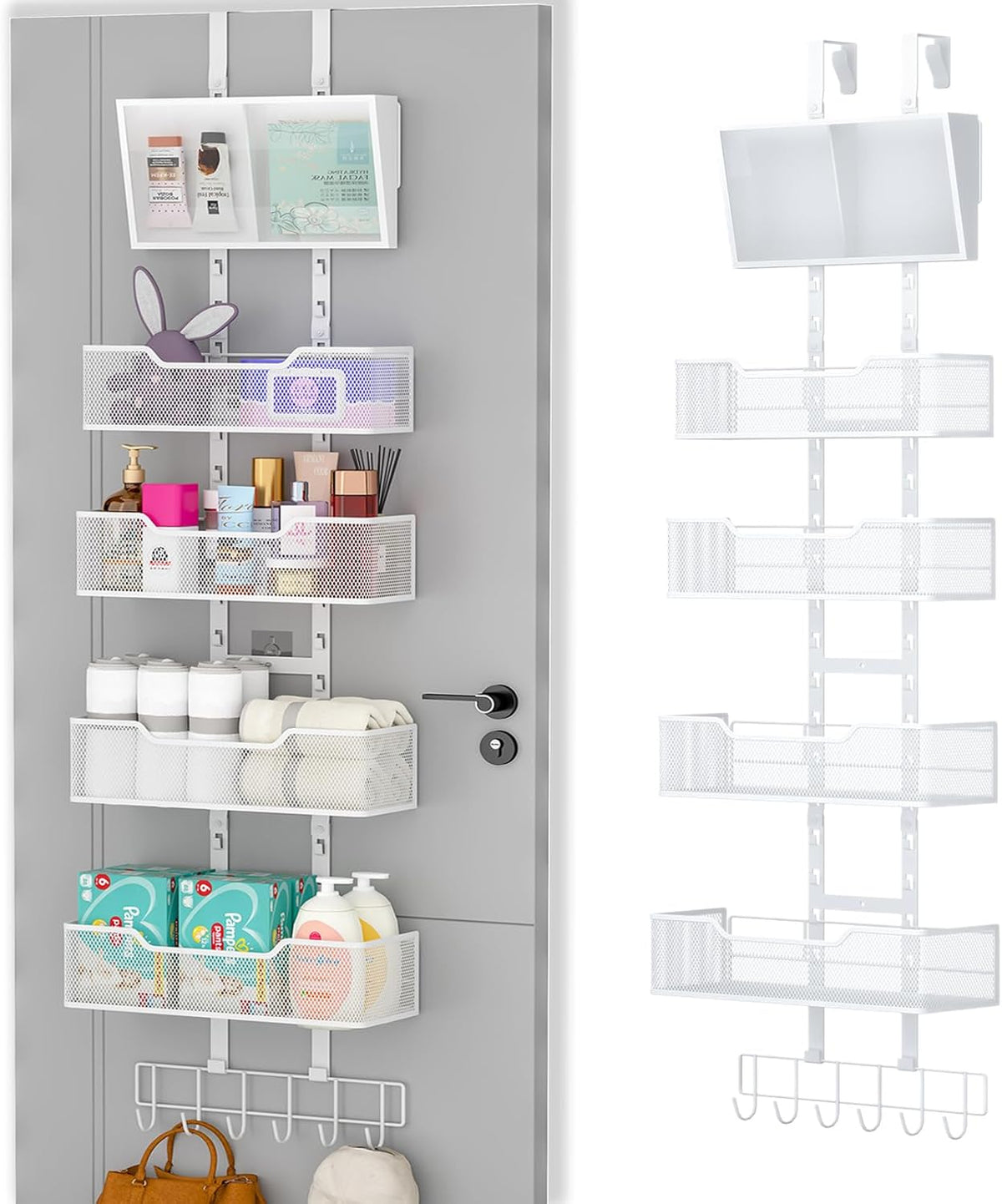 Adjustable Over The Door Organizer, Hanging Door Storage with PVC Pocket and 4 Metal Baskets Wall Mount, Closet Door Organizer Behind Door Rack for Bathroom Bedroom Closet, White