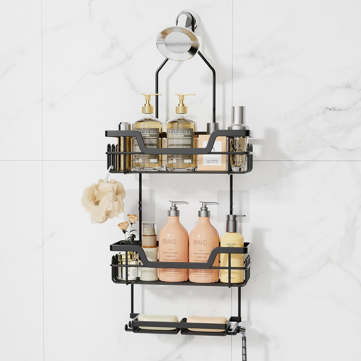 SWTYMIKI Bathroom Shower Caddy Hanging - 3 Tier Rustproof Over Shower Head Organizer, No Drilling Bathroom Shelf with 16 Hooks & Soap Holder, Anti-Swing Rack for Shampoo,Sponge,Towel, Black, Large
