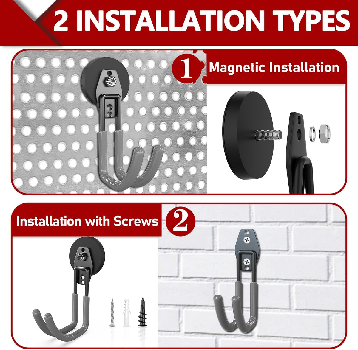 3-H Heavy Duty Magnet Garage Hooks 2 Pack, J Shape Strong Magnetic Hooks for Hanging Cordless Power Drill, Utility Magnetic Tool Holder for Metal Cabinet, Steel Pegboard, Toolbox, Garage(Grey)
