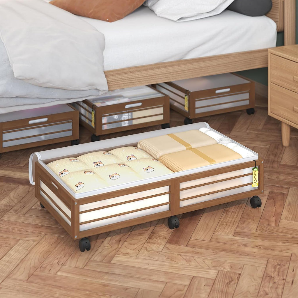 Bamboo Underbed Storage Containers with Wheels & Bag 2 Pack, Large Under Bed Rolling Storage Bins Wood Under Bed Clothes Storage Stackable Drawers for Bedroom Closet Under Crib Toy(Walnut)