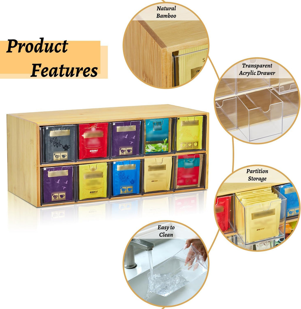 TIMIEEYA Tea Bag Organizer - Bamboo Tea Storage Organizer With Drawer 2 Layer, Tea Organizer for Tea Bags Natural Wood & Acrylic for Countertop Office Kitchen Cabinet Pantry