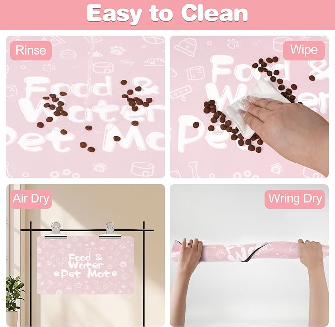 Pet Feeding Mat,Dog Cat Mat for Food and Water,Dog Bowl Waterproof Placemat with Rubber Backing,Absorbent Quick Dry Water Dispenser Mat for Pet（Pink 16"×24"）