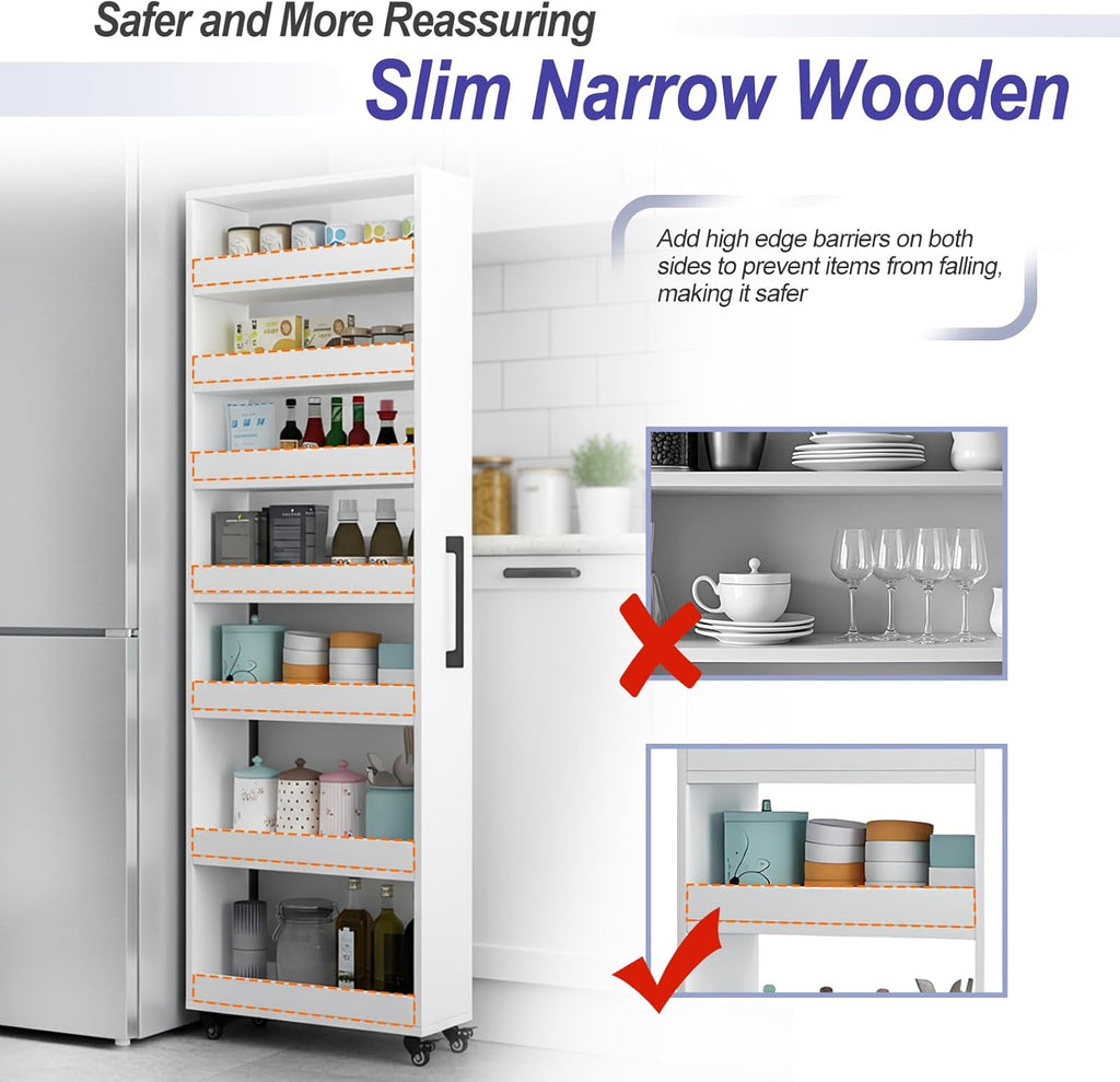7-Tier Slim Storage Cart, Wooden Rolling Pantry Cabinet with Wheels, Narrow Shelf Organizer for Kitchen, Bakers Rack, Dining Room, Closet, Small Spaces Teak 73.2''H*5.9''W*23.6''D