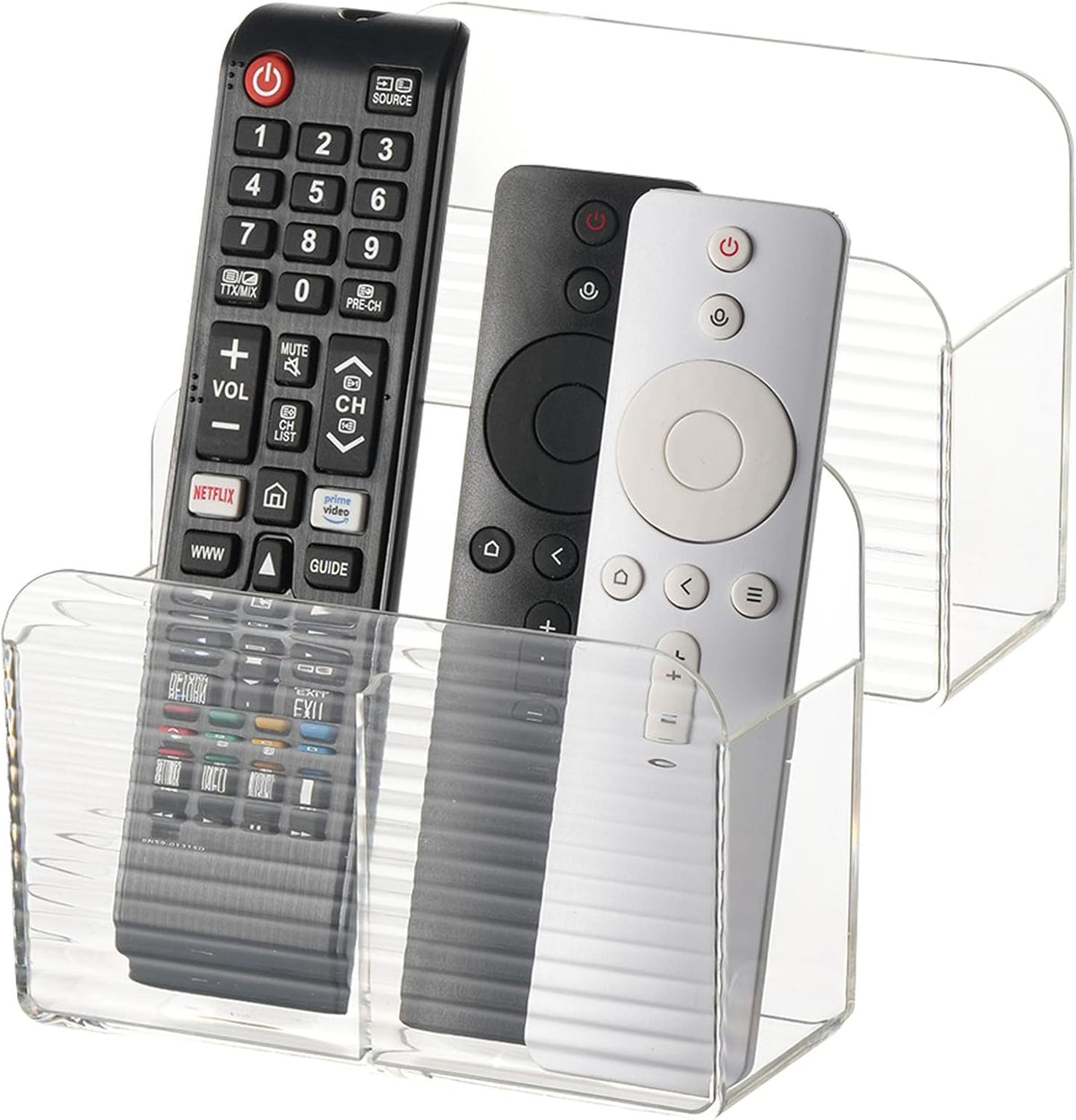 LINFIDITE 2 Pack Adhesive TV Remote Control Holder Wall Mount TV Remote Holder For Bedside Wall Remote Control Caddy Storage Organizer Stand Box （For 2 Or 4 Remote Controls – Transparent ）