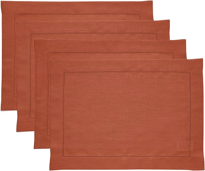 Solino Home Linen Placemats Set of 4 - Classic Hemstitch Cinnamon Placemats 14 x 19 Inch - 100% Pure Linen Table Mats for Winter