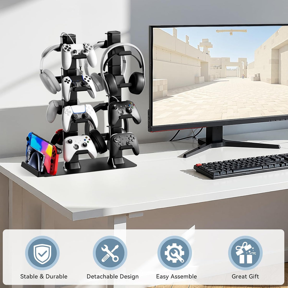 Headphone and Game Controller Desk Stand for PS5/ Xbox/ PS4 Controller, 4 Tiers Headset Hanger with Organizer for Switch 2/1/PS Portal Game Console, Multiple Controller Storage Dispay Rack-16 Hooks