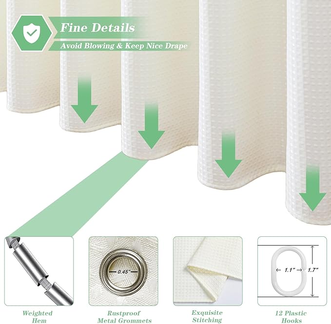 meioro Ivory Shower Curtain, Waffle Weave 256GSM Heavy Duty Textured Fabric Shower Curtains for Bathroom Hotel Spa, Luxury Weighted Polyester Cloth Bath Curtain Set with 12 Hooks, 72Wx96H
