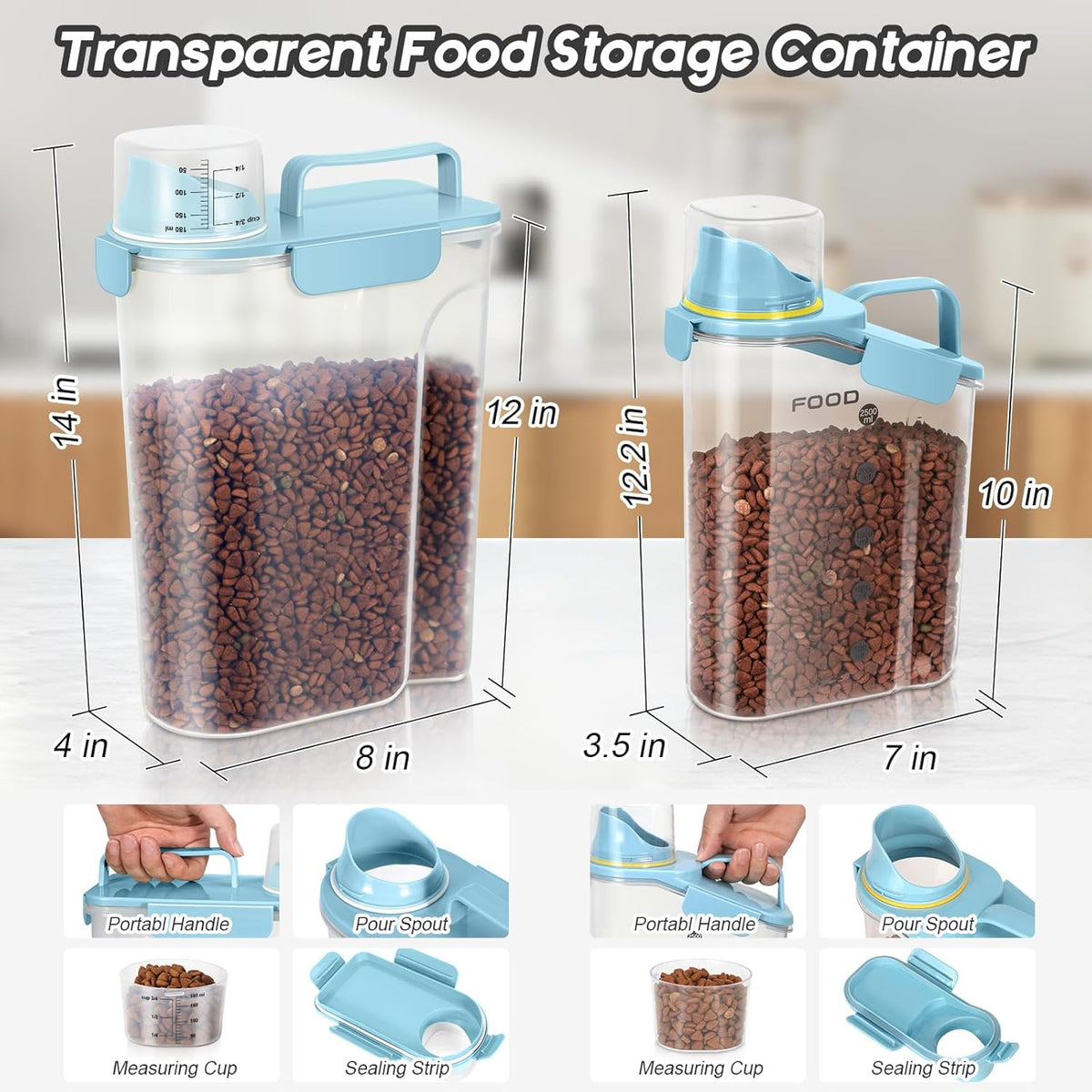 Dog Food Storage Container, Upgraded Large Nozzle BPA-free, 3-5 LBS Plastic Pet Food Storage Containers, With 4 Sealed Clasps, 1 Measuring Cup and Handle (Bright blue-A)