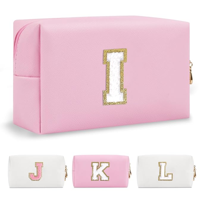 Personalized Initial A-Z Preppy Patch Makeup Bag,Small PU Chenille Letter Cosmetic Bag with Zipper for Teen Girls,Pink Cute Toiletry Organizer Bag,Monogram Makeup Case Gift for Women Girls,Letter I