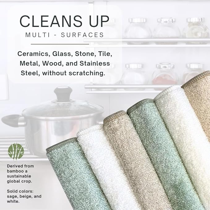 Whiffkitch Dishcloths Dishrags for Kitchen and Household Cleaning 6x7 6-Pack Non-Scratch 2-Ply Weave, Rayon Derived from Bamboo, Absorbent, Washable, Long-Lasting