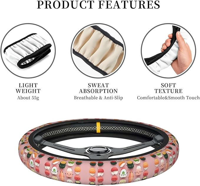 Sushi Pattern Car Steering Wheel Cover, 15 Inch Steering Wheel Cover Stylish Decor for Most Cars