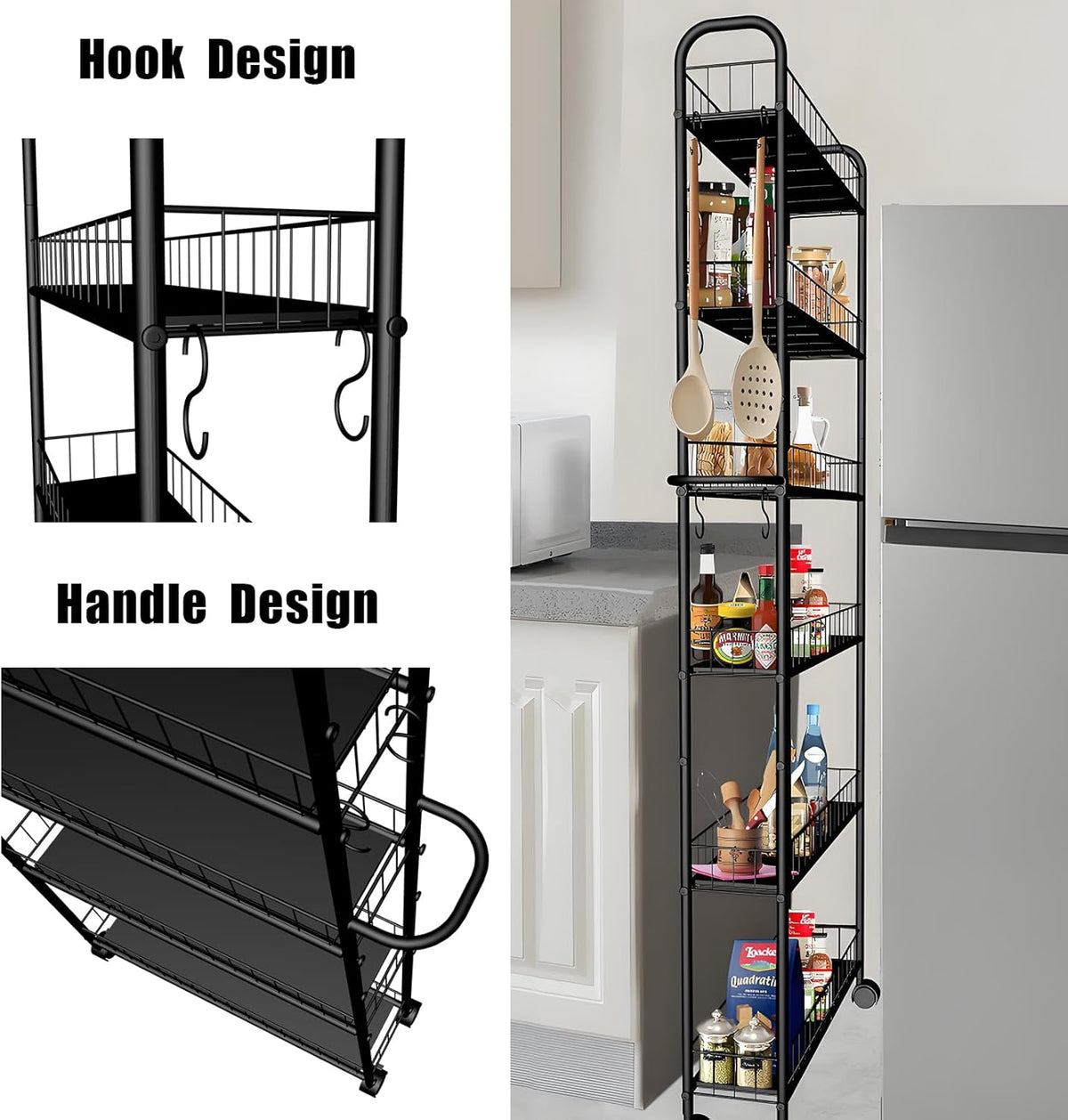 6 Tier 10in Slim Rolling Storage Cart with Handle, Mobile Shelving Unit with Wheels, Metal Wire Storage Rack with Baskets for Kitchen Bathroom Office Laundry Narrow Piaces