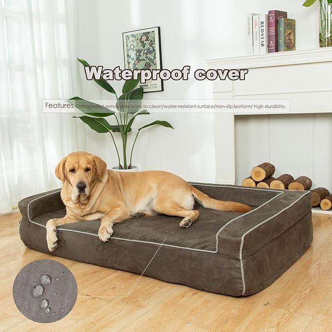 Mama halo Orthopedic Foam Dog Beds for Large Dogs Up to 100 lbs, L Dog Couch with Bolster, Washable Pet Bed Sofa with Removable All-Over Water-Resistant Cover & Non-Slip Bottom(Large, Grey)