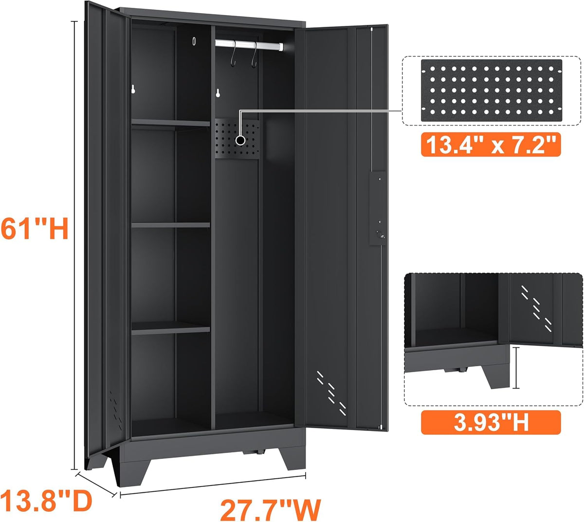 Storage Cabinet 61" H, Metal Tools Storage Cabinet with Lockable Doors and Shelves, Outdoor Storage Sheds with Removable Pegboard for Garage, Utility Room, Office