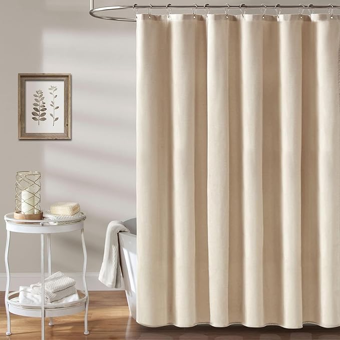 BTTN Long Fabric Shower Curtain - 72x80 Inch Linen Textured Heavy Duty Polyester Cloth Shower Curtain Set with 12 Plastic Hook, Hotel Luxury Waterproof Modern Shower Curtains for Bathroom, Beige/Cream