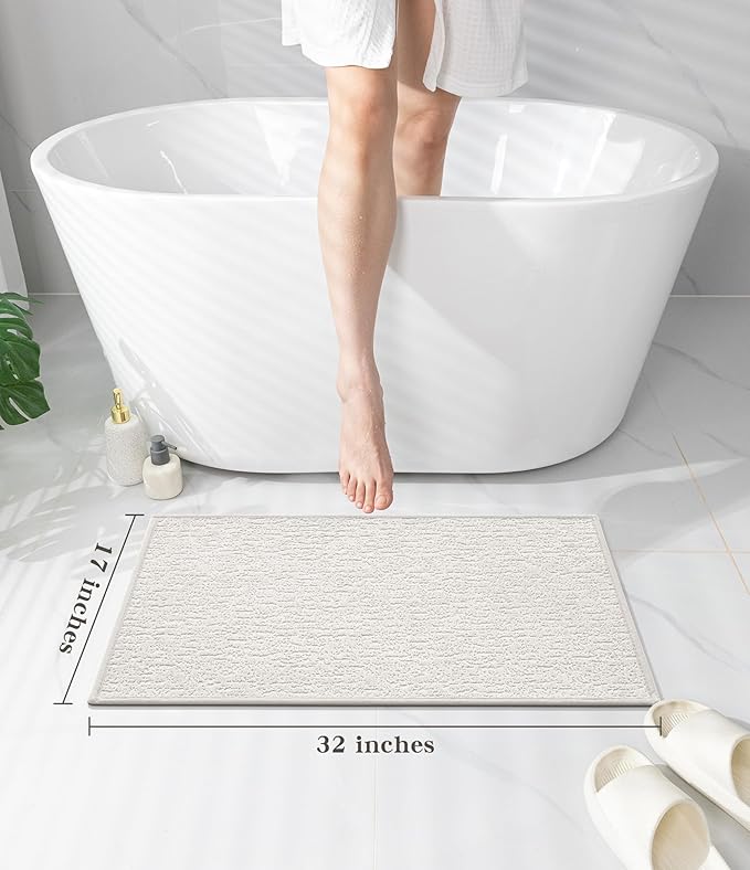 chakme Bathroom Rugs Mat 32x17, Ultra Thin Non Slip Bath Mat Quick Dry Absorbent Bath Mat for Bathroom Floor, (White, 32"x17")