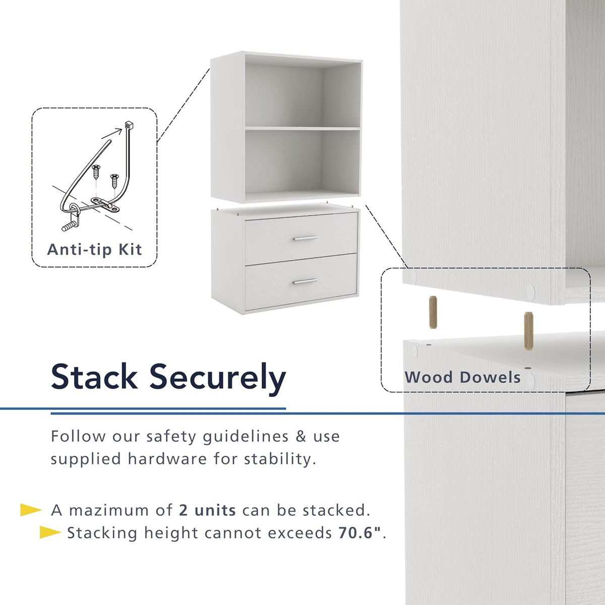 Homes: Inside + Out Apexa 3-Tier Stackable Wood Bookcase with Doors, Cube Storage Organizer Shelves, Small Food Pantry Cabinet, Dorm Teen Room Decor & Bedroom, Home Office, Kitchen, Steel Blue