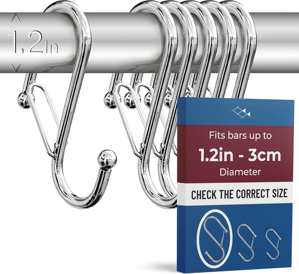 6-Pack Metal S Hooks for Hanging – Heavy-Duty S-Shaped Hook with Safety Buckle – Fits Bars up to 1.2 in – Anti-Drop S-Hooks for Closet, Wardrobes & Storage – Silver (Large)