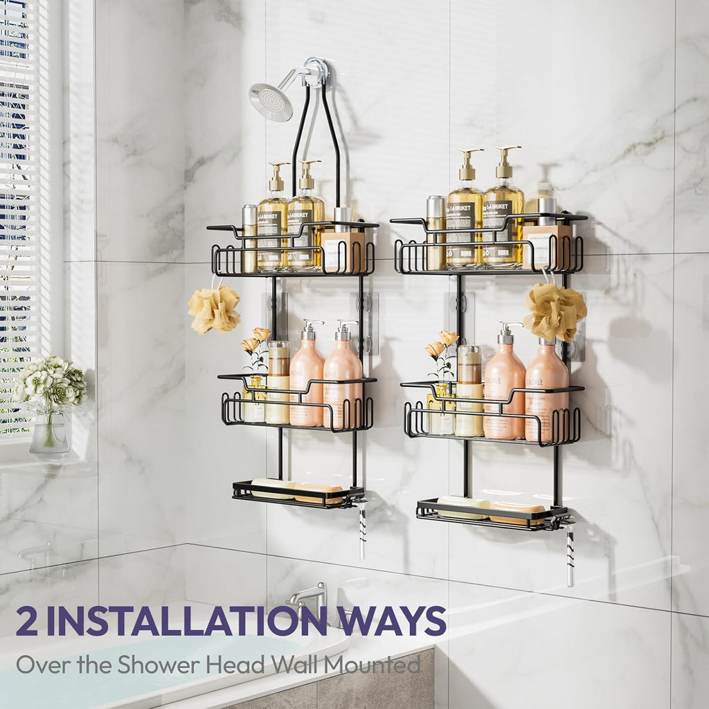 SWTYMIKI Bathroom Shower Caddy Hanging - 3 Tier Rustproof Over Shower Head Organizer, No Drilling Bathroom Shelf with 16 Hooks & Soap Holder, Anti-Swing Rack for Shampoo,Sponge,Towel, Black, Medium