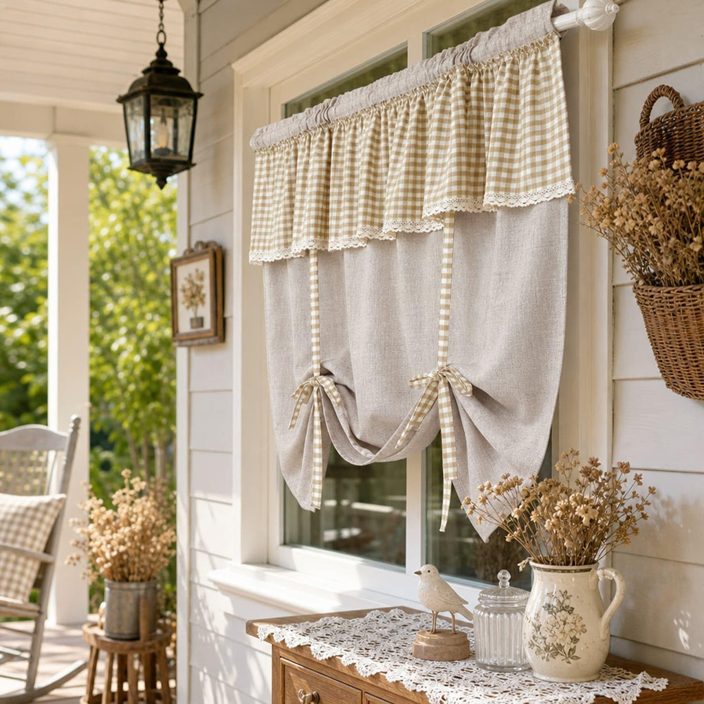 1 Panel Rod Pocket Tie Up Roman Curtain Khaki Gingham Lace Valance | Top Linen Blend Adjustable Lift Cafe Curtain, Light Filtering Privacy Short Window Curtain for Kitchen Farmhouse W55 x L63 in
