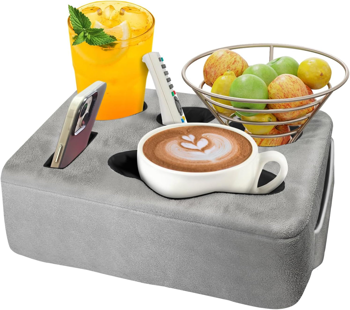 Couch Bed Cup Holder Pillow, Nisdoing 5 Hole Couch Drink Holder! Keep Drinks Hand Side and KeepTemp, Prevent Spills and Use Anywhere. Cup Holder for Couch, Bed,Camping,RV,Car,Beach. Gray