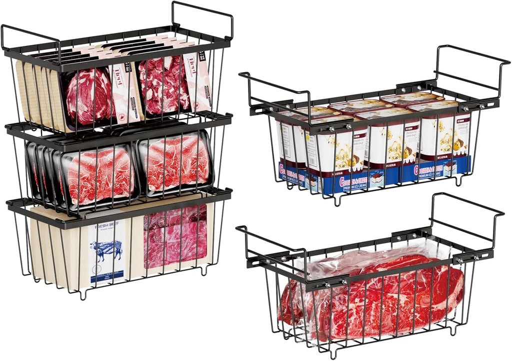 iSPECLE Freezer Organizer Bins 5 Pack- Fit 14.2~16.5 Inch Wide Chest Freezer, 7 Cu.Ft Deep Freezer Organizer Bins, 2 Small Expandable Hanging Baskets and 3 Stackable Bins, Black