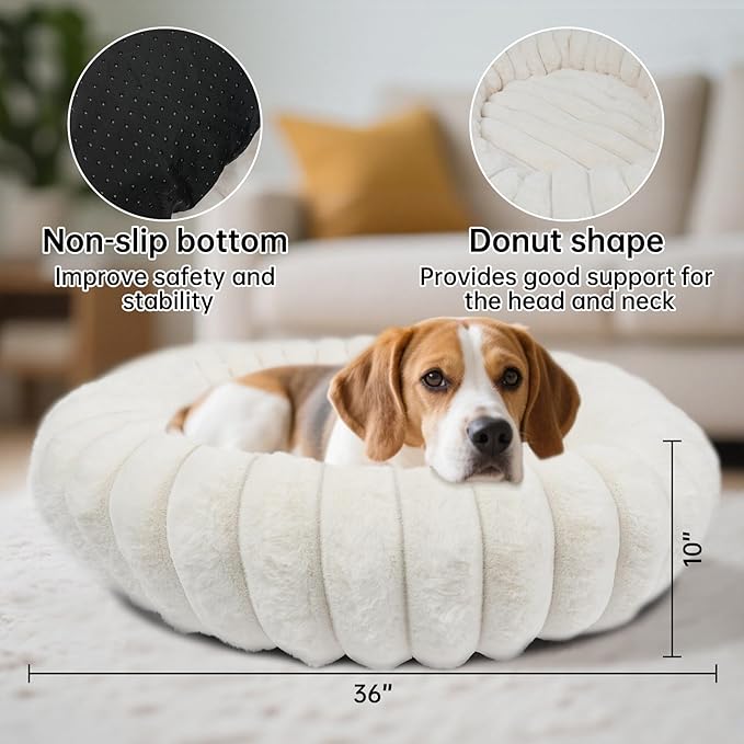 Vhen When Warming Faux Rabbit Fur Pet Beds – Luxurious Donut Dog & Cat Bed, Anti-Anxiety Calming Cuddler Bed for Small Medim Dogs, Washable Round Puppy Kitten Beds, Non-Slip Bottom(36x36x10, White)