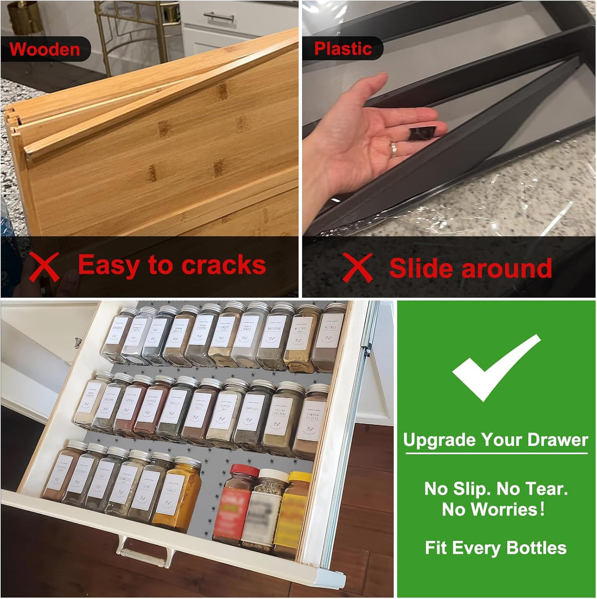 Gosmol Spice Drawer Organizer insert, Adjustable & Non-Slip Silicone Spice Drawer Liner, in Drawer Spice Organizer for Seasoning Jars and Spices Bottles -Grey