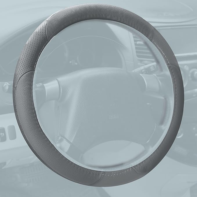 FH Group Universal Fit Perforated Genuine Leather Solid Gray Steering Wheel Cover Fits Most Cars, SUVs