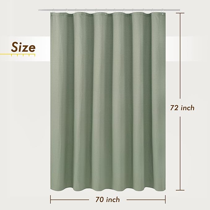 Barossa Design Sage Green Shower Curtain Waffle Weave - Hotel Luxury Heavyweight Thick Fabric Shower Curtains for Bathroom, Water Repellent, 71 x 72 inches