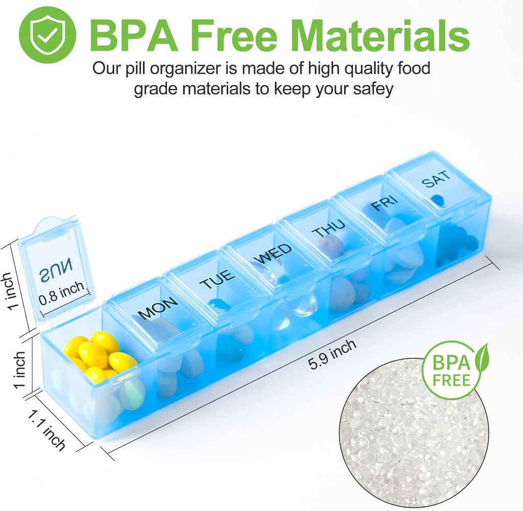 4 Pack Weekly Pill Organizer, 7 Days Pill Case Travel Daily Pill Box Portable Medicine Organizer and Planner with Compartment for Vitamins, Fish Oil, Supplements and Medication (4 Colors)