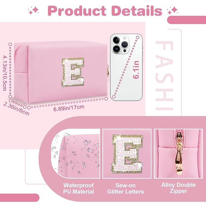 Small Personalized Initial A-Z Patch Makeup Bag,Pink Cute PU Leather Glitter Letter Cosmetic Bag for Teen Girls,Travel Toiletry Bag with Zipper,Preppy Monogrammed Birthday Gift for Daughter Niece E