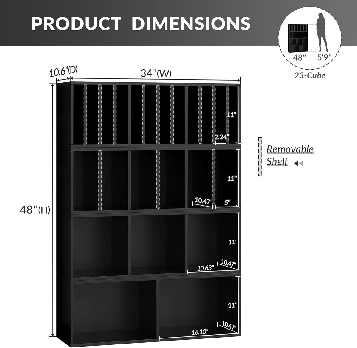 IOTXY DIY Modular Cube Bookcase - CubeXY Customizable Stackable Expandable Combination Set, 23-Cube Open Bookshelf for Books, Fabric Storage Bin, and Vinyl Record Organizer, Black