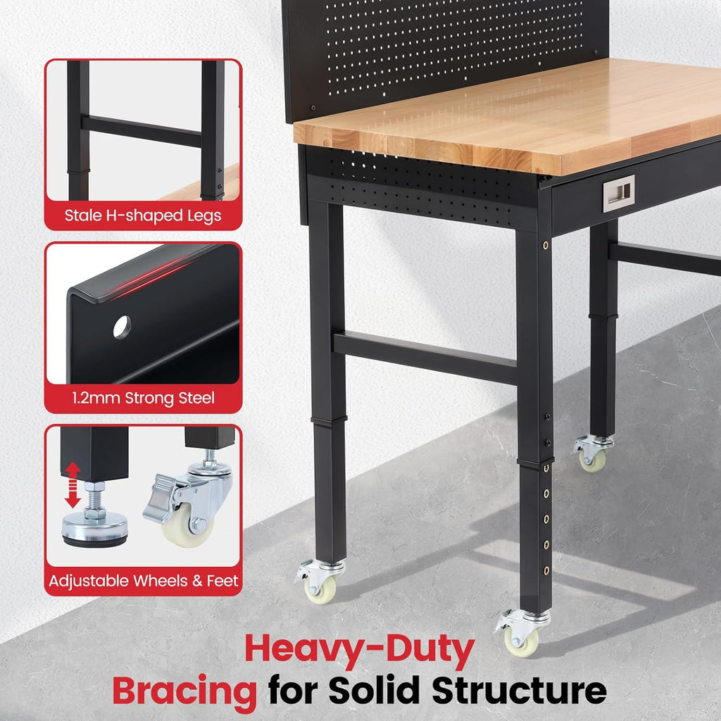 Work Bench for Garage 48 Inch Heavy Duty Rubberwood Tabletop Workbench with Wheels, Pegboard, Drawers, Power Outlets Adjustable Height Work Table for Home, Office, Workshop