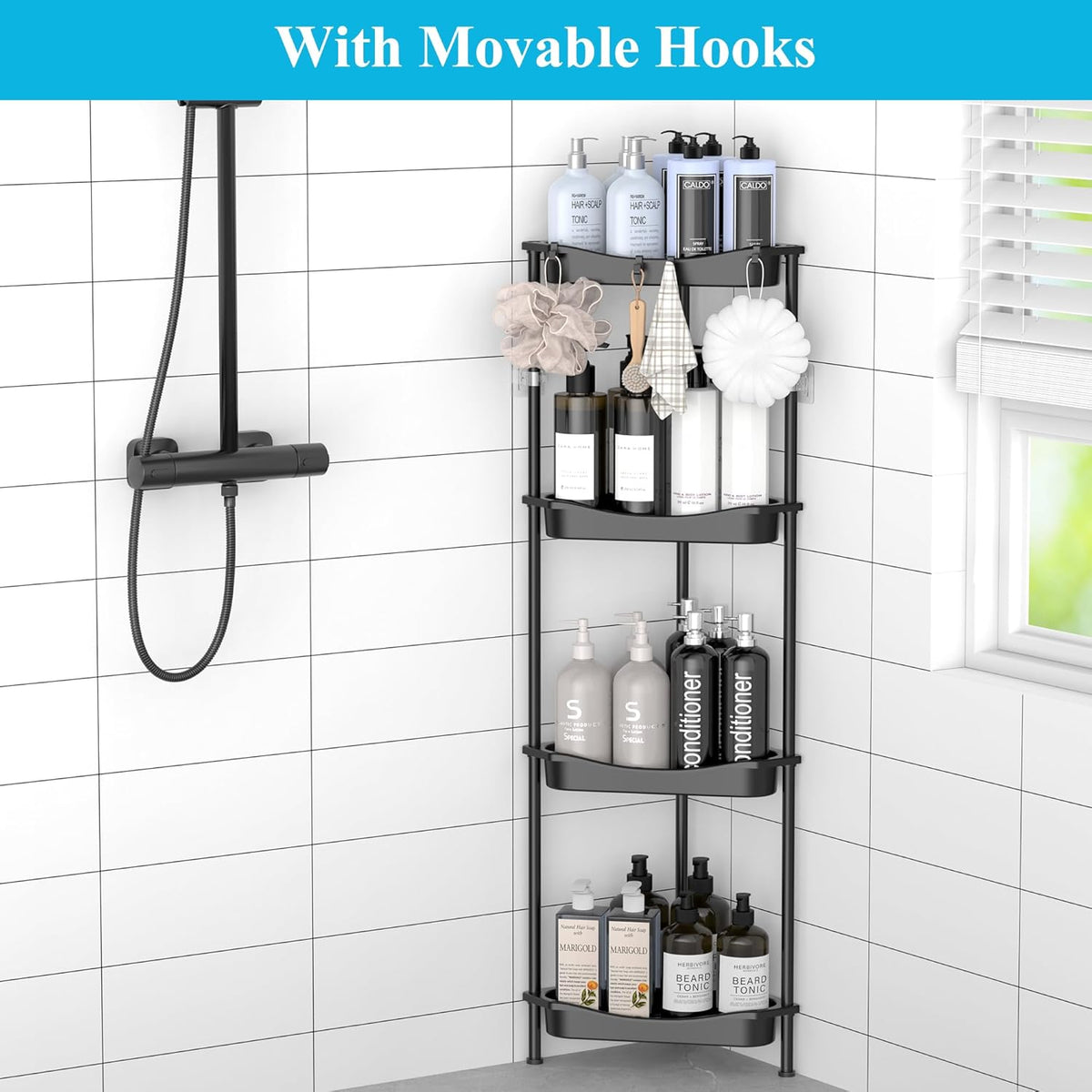 4 Tier Floor Standing Corner Shower Caddy Organizer Shelf with Hooks, Bathroom Shelves Stand Rack, Jet Black