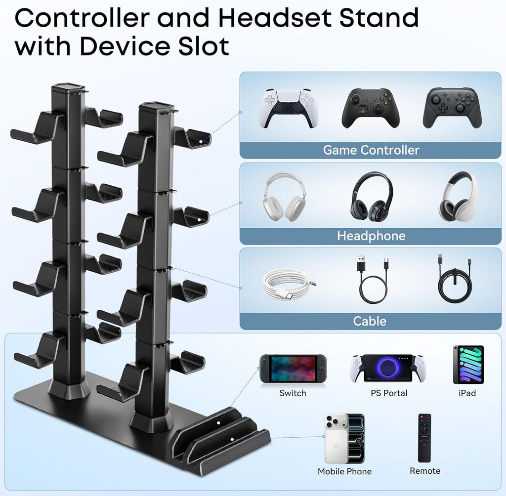 Headphone and Game Controller Desk Stand for PS5/ Xbox/ PS4 Controller, 4 Tiers Headset Hanger with Organizer for Switch 2/1/PS Portal Game Console, Multiple Controller Storage Dispay Rack-16 Hooks
