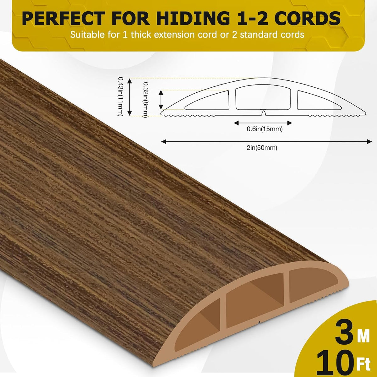 Floor Cord Cover 10FT Cord Covers for Wires on Floor Protect Wires & Prevent Trip Hazards, Easy to Cut for Home, Office, School, Concerts, Cavity W0.6in x H0.32in