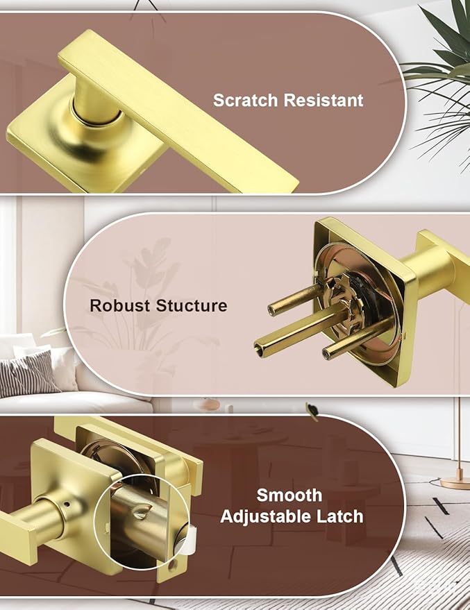 Mengico 4 Pack Passage Door Levers Gold Finish, No-Locking Keyless Square Door