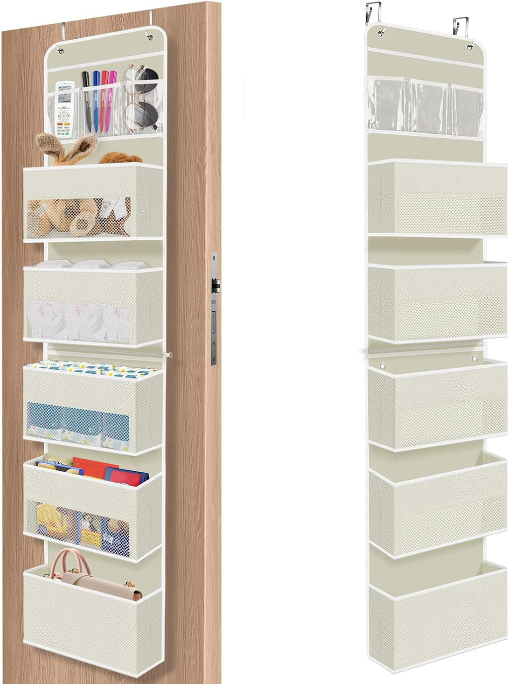6-Tier Over The Door Organizer, Hanging Storage Organizer with Clear Window, 40lb Ultra Sturdy Large Capacity Room Organizer for Pantry Bathroom Nursery Closet Baby Essential (Beige)