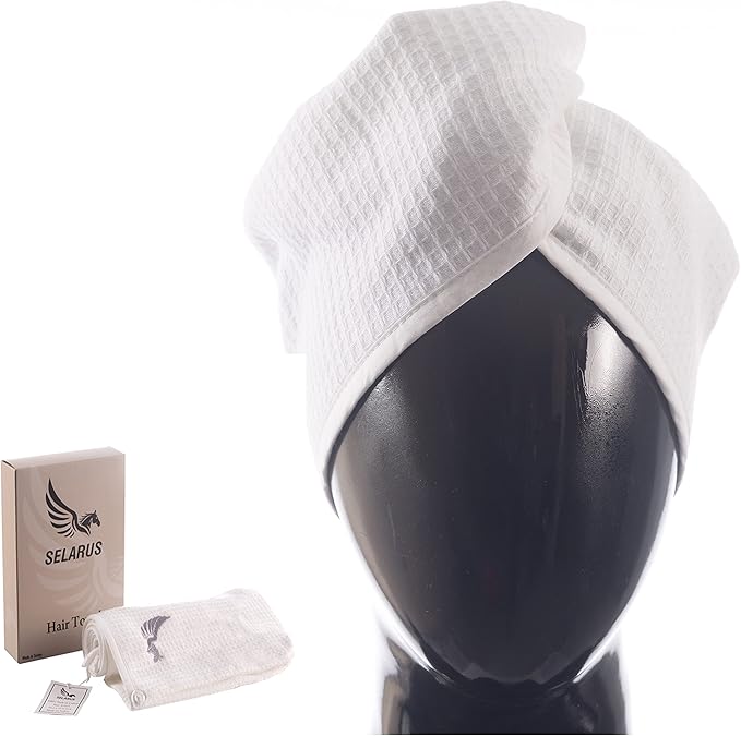 SELARUS 100% Turkish Cotton Hair Towel Wrap for Women,Non Microfiber,400-GSM(Grams per Square Metre),AntiFrizz,Hair Plop Waffle Towels for Curly,Long&Thick Hairs,Turban Head Wrap,1Pack10x26inc(White)