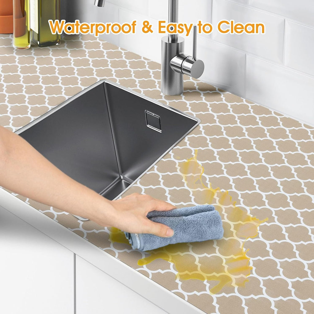 Shelf and Drawer Liner for Kitchen Cabinets Non-Adhesive, Strong Grip Non-Slip Thickened Cabinet Liners for Shelves, Waterproof Mats for Dresser Cupboard, Beige, 17 in x 20 Feet