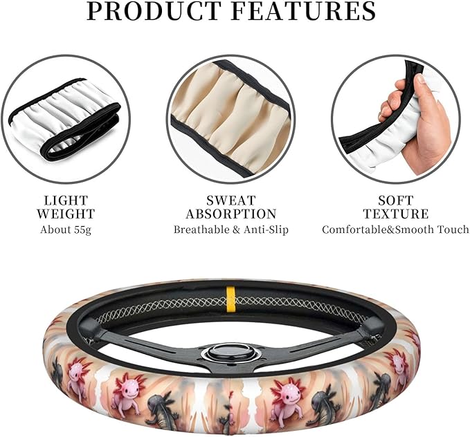 Cute Axolotl Lover Car Steering Wheel Cover, 15 Inch Steering Wheel Cover Stylish Decor for Most Cars
