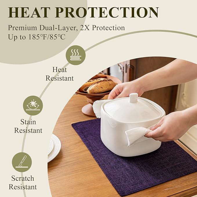 KXN Placemats Set of 6, Dual-Layer Thickened Faux Linen Table Mats, Heat Resistant & Wrinkle-Free, Machine Washable Cloth Place Mats for Kitchen Dining Indoor Outdoor (Purple)