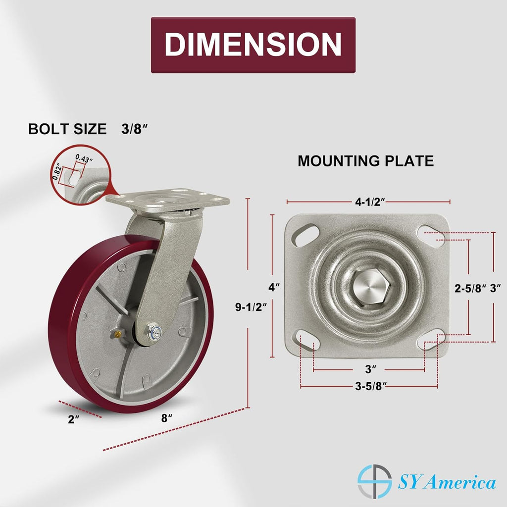 SY America 8" X 2" Casters Wheels,Heavy Duty Industrial Casters，Polyurethane on Aluminum Wheels,2 Swivel Casters,3200 LBS Load Capacity